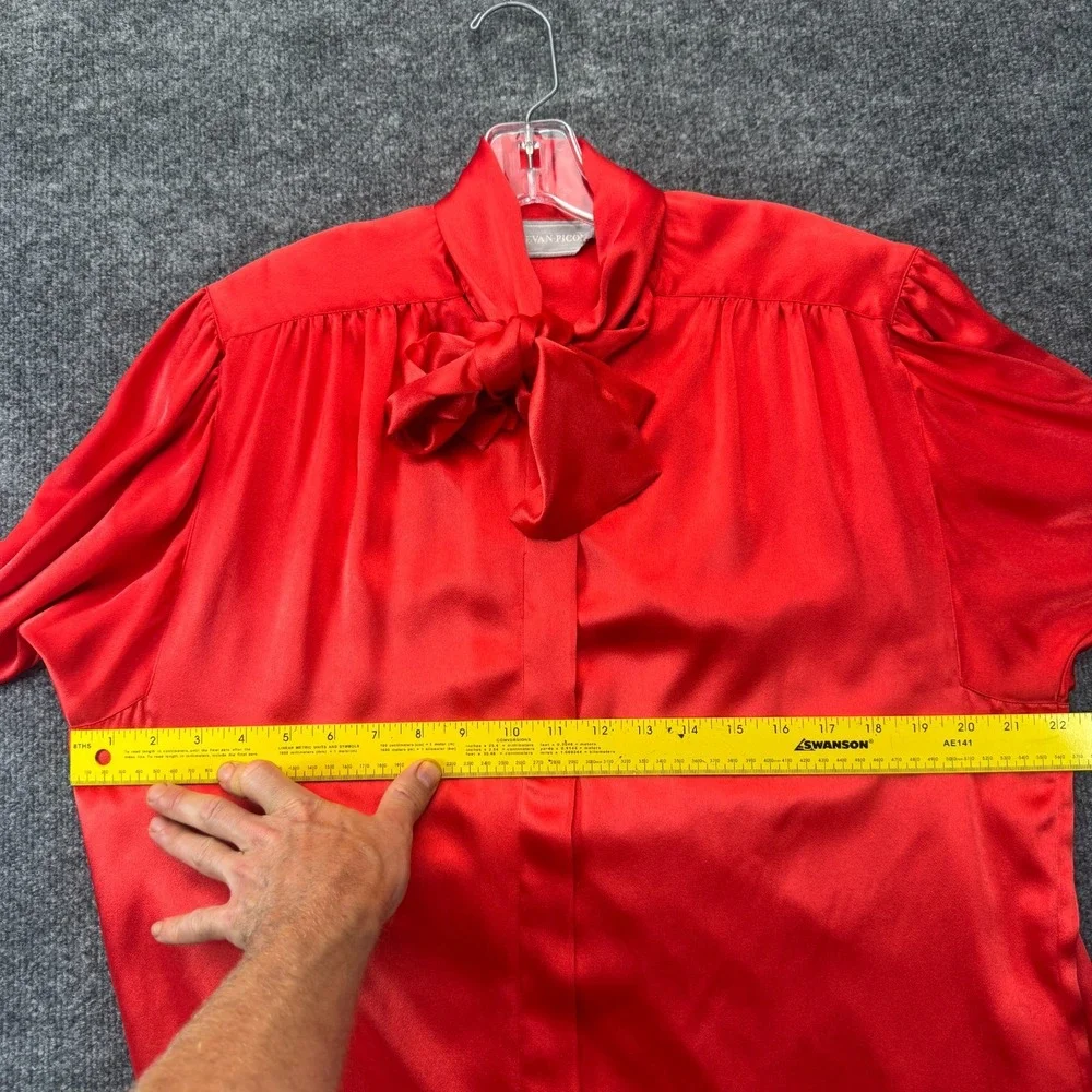 Vtg EVAN-PICONE Shirt Top Womens 12 Red Pus*y Tie Neck Long Sleeve Button Front